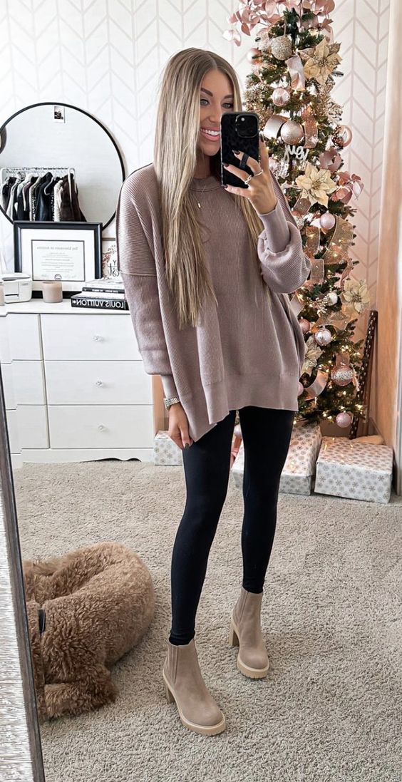 Soft Taupe Sweater with Suede Chelsea Boots